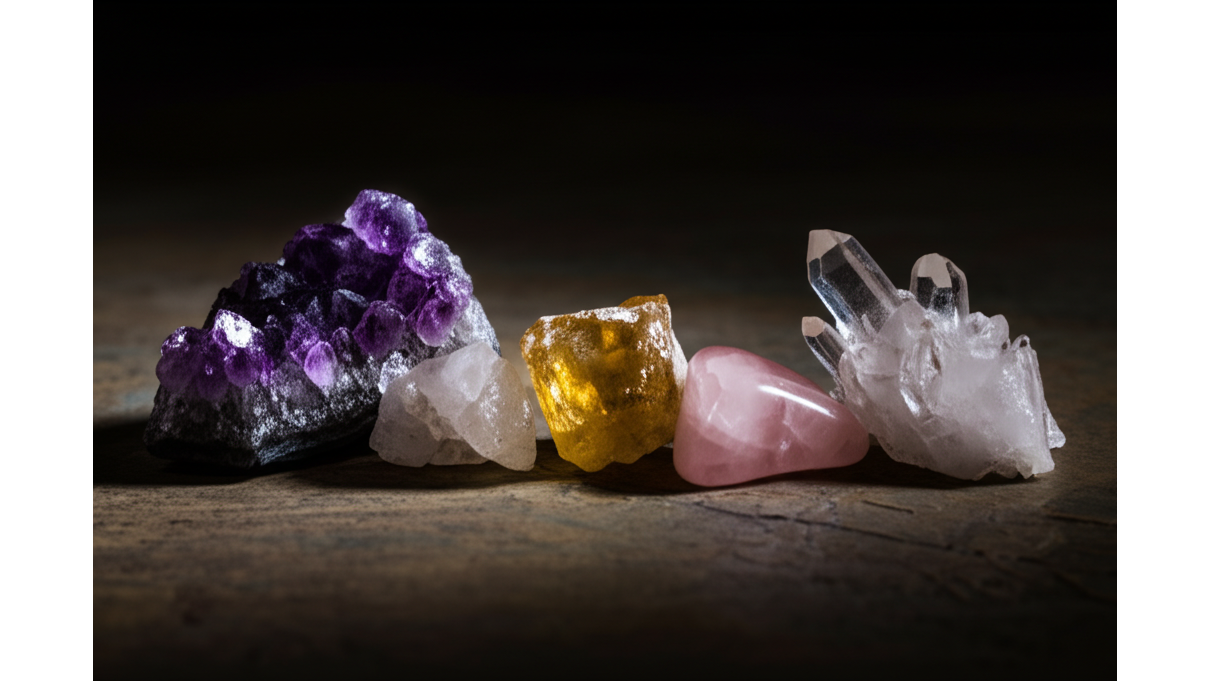 4種常見水晶原石_紫水晶_黃水晶_粉晶_白水晶能量解讀