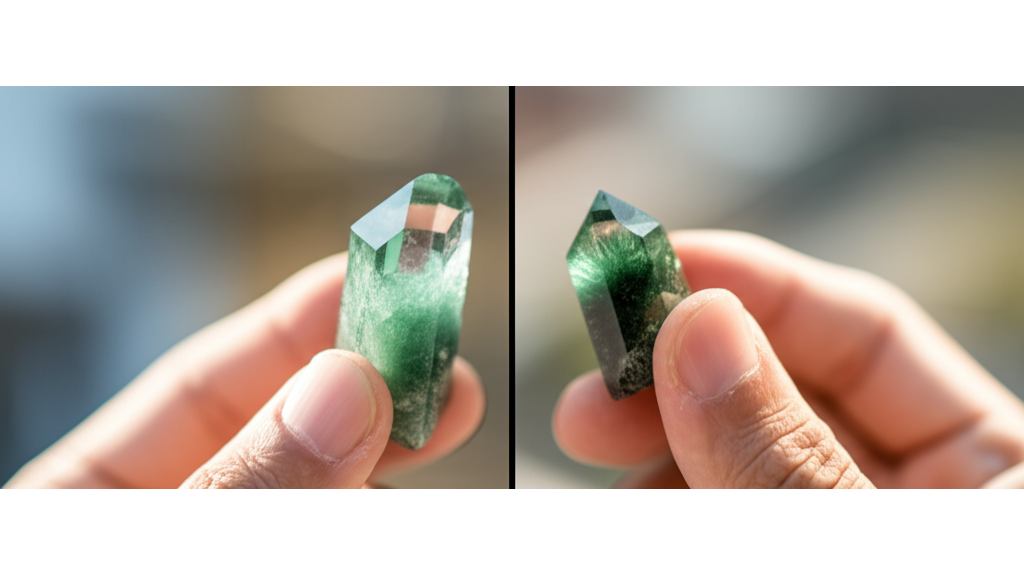 綠髮晶與綠幽靈能量差異_頻率_功效與適用對象_綠髮晶能量提升20_-30_綠幽靈降低投資風險10